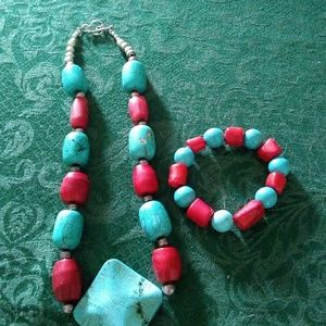 Beaded turquoise and red necklace and bracelet